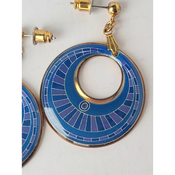 Laurel Burch Style Earrings Cloisonne Enamel Blue Pierced Boho Tribal Geometric - Picture 2 of 4